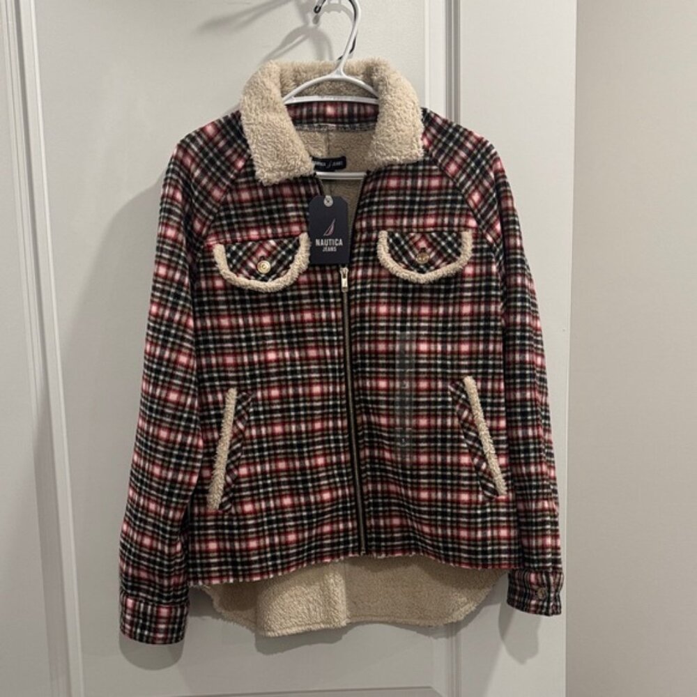 Nautica Women's Checkered Teddy Jacket - Red, Black, and Cream